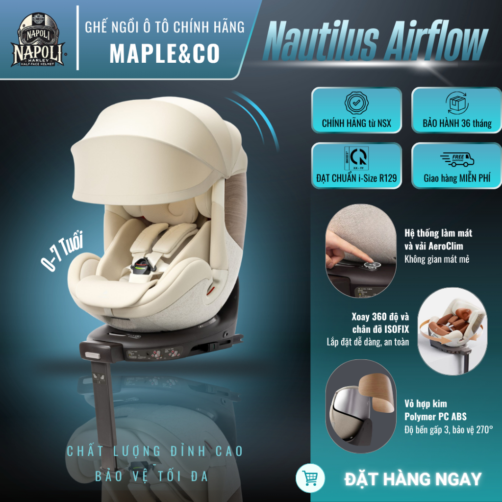 Ghế Ô Tô Cao Cấp Maple&Co Nautilus Airflow Trắng - Quạt Làm Mát, Xoay 360°, R129 - Chính Hãng