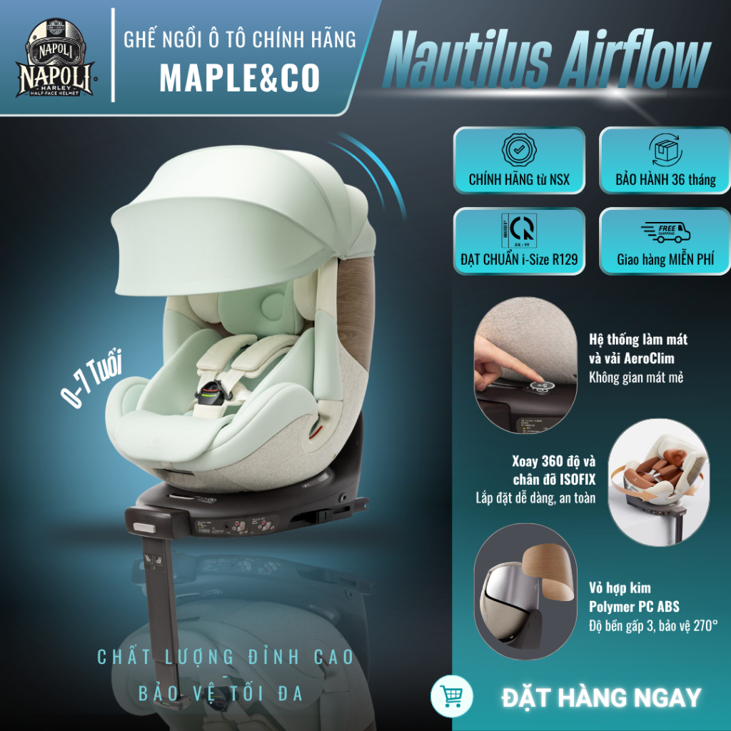 Ghế Ô Tô Cao Cấp Maple&Co Nautilus Airflow Xanh Mint - Quạt Làm Mát, Xoay 360°, R129 - Chính Hãng