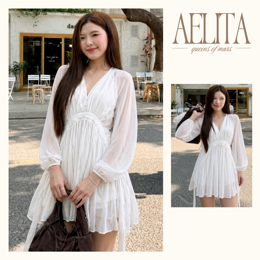 Set váy trắng dáng babydoll tơ xước tay dài phong cách tiểu thư nữ tính AELITA - TR26