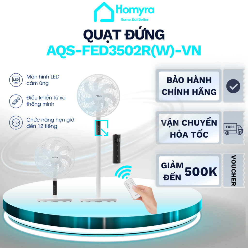 Quạt Đứng AQUA AQS-FED3502R 7 Cánh, Remote, Êm Cho Phòng Ngủ, Hẹn Giờ 12H