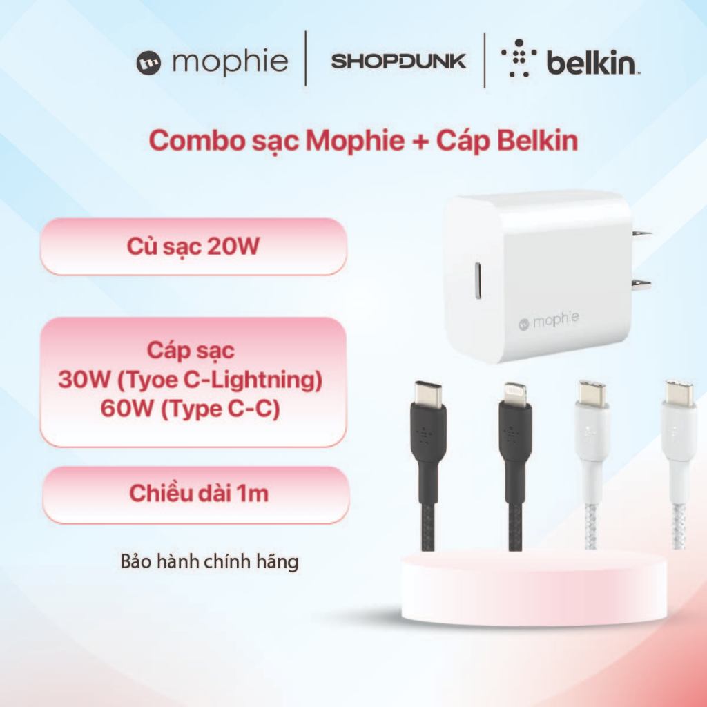 Combo Sạc Nhanh 20W USB-C Mophie White kèm Cáp Belkin 30W/60w vỏ dù | BigBuy360 - bigbuy360.vn