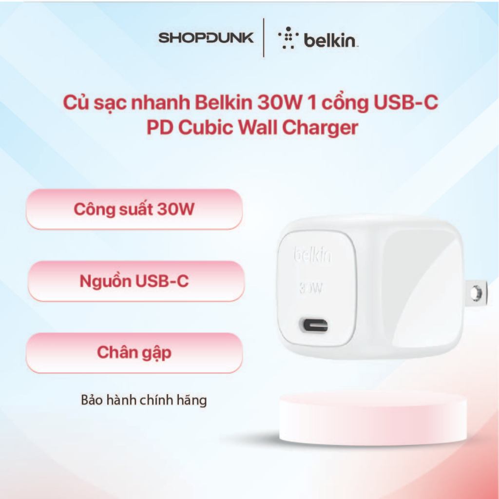 Củ sạc nhanh Belkin 30W 1 cổng USB-C PD Cubic Wall Charger - Màu Trắng