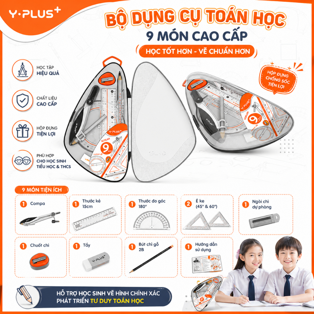 [Xả kho - YP] Bộ dụng cụ toán học 9 món cao cấp SCHOLAR | Y.Plus MS190100, MS190200