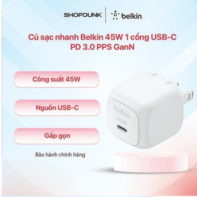 Củ sạc nhanh 45W Belkin 1 cổng USB-C, PD 3.0 PPS GanN - Màu trắng chính hãng