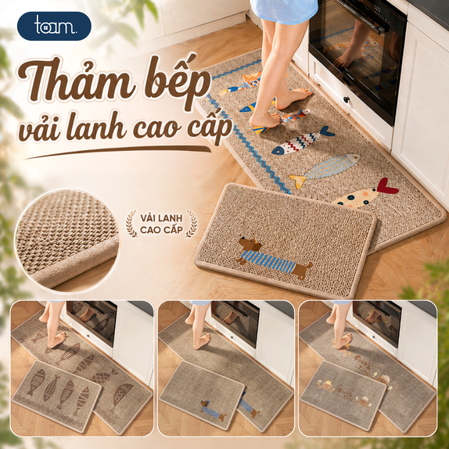 Bộ 2 Thảm Bếp Vải Lanh Chống Trượt Cao Cấp Thấm Nước Thấm Dầu, Thảm Dệt Dễ Vệ Sinh Có Thể Giặt Máy
