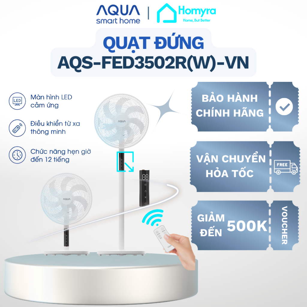 Quạt Đứng AQUA AQS-FED3502R 7 Cánh, Cảm ứng, Remote, Êm Cho Phòng Ngủ, Hẹn Giờ 12H