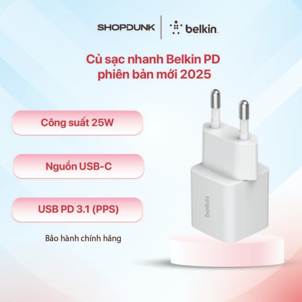Củ sạc nhanh Belkin PD 25W 1 cổng Type-C cho iPhone - Chính hãng
