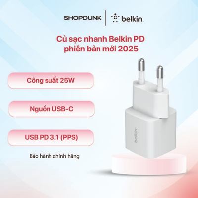 Củ sạc nhanh Belkin PD 25W 1 cổng Type-C cho iPhone - Chính hãng