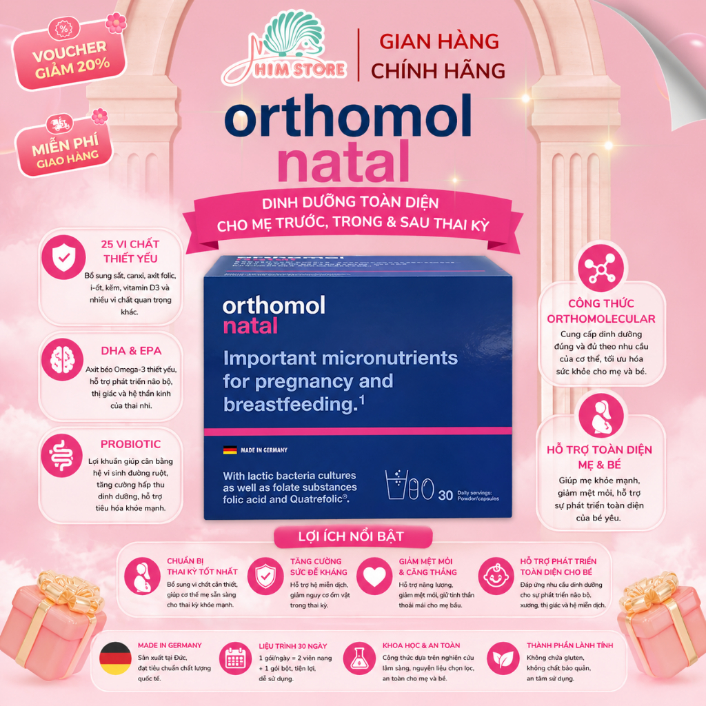 Orthomol Natal Vitamin bầu Đức hộp 30 set, Bổ bầu dạng bột pha kèm viên uống