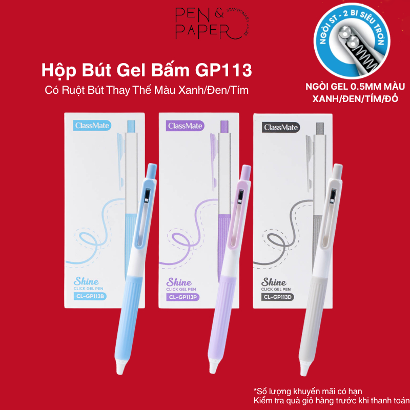Hộp 10 Bút Gel Bấm ClassMate Bút Gel Shine Ngòi 0.5mm ST2 Bi Viết Siêu Trơn Xanh Đen Tím Ghi Chép Vi