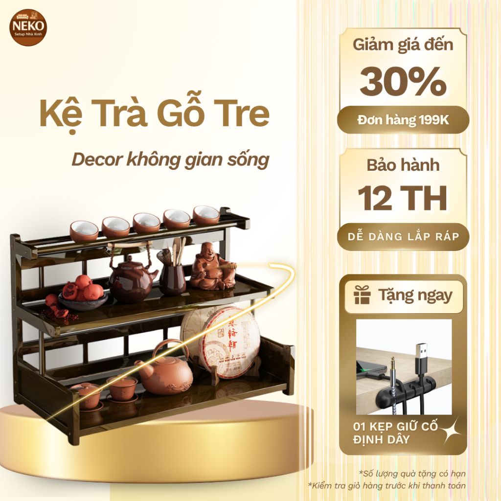 Kệ để ấm chén bàn trà cao cấp 3 tầng 2 ngăn kéo, Kệ gỗ bàn trà tre cao cấp decor,giá để ấm trà