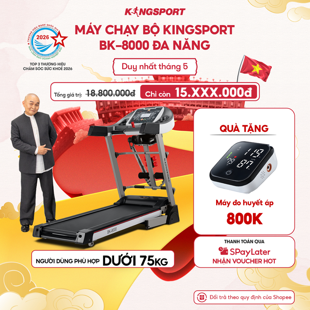 Máy chạy bộ KINGSPORT BK-8000 đa năng, thảm chạy rộng chống trơn, 12 bài tập đa dạng