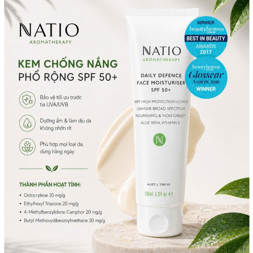 [2028-100ML] Kem chống nắng phổ rộng của Úc NATIO Daily Defence Face Moisturiser SPF 50+