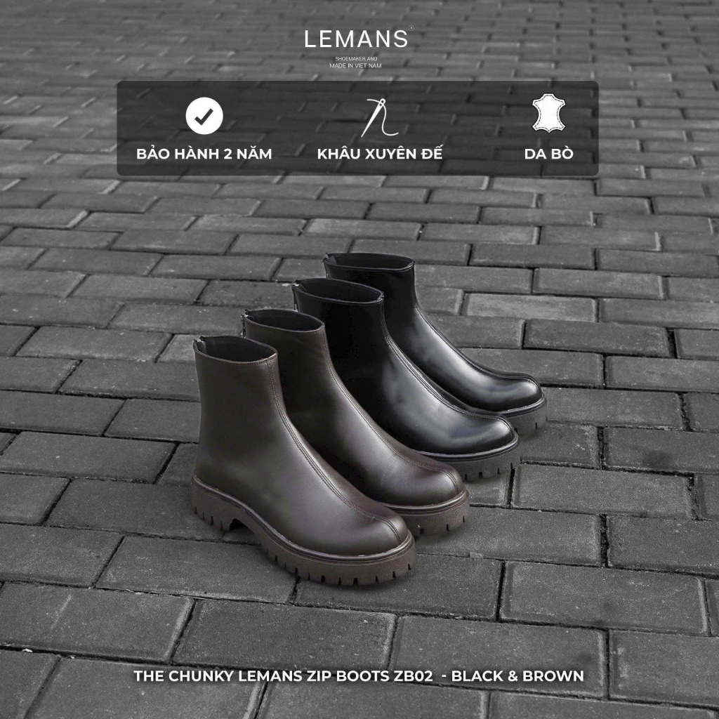 THE CHUNKY LEMANS ZIP BOOTS LEMANS Black&Brown ZB02.2 - Khoá hậu YKK - Da bò - Đế Chunky tăng cao 4c