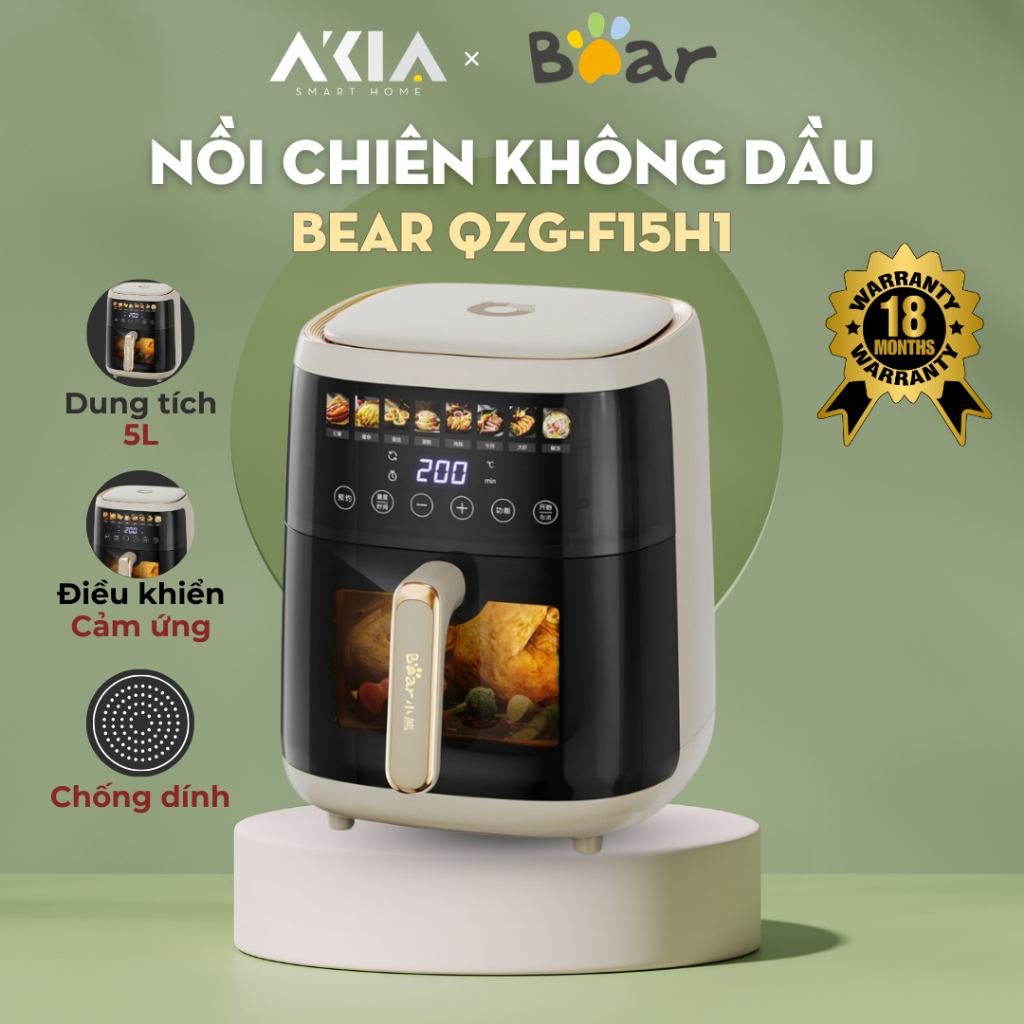 Nồi chiên không dầu 5L BEAR QZG-F15H1 - Màn kính trong suốt 6,5 inch, đèn nhắc trở mặt thực phẩm