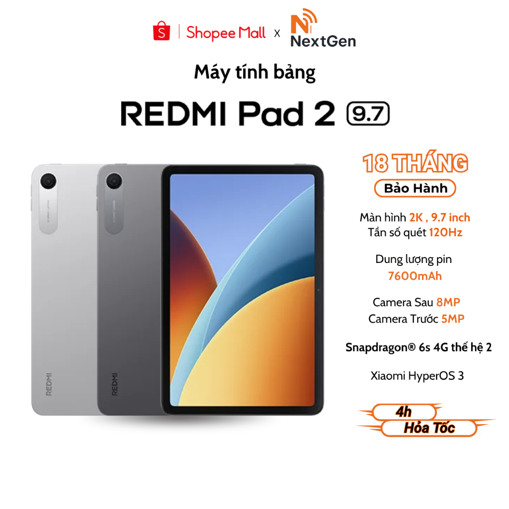Máy tính bảng Xiaomi Redmi Pad 2 9.7 Inch WIFI 2K 120Hz Xiaomi HyperOS 3 - Bảo hành chính hãng 18 th