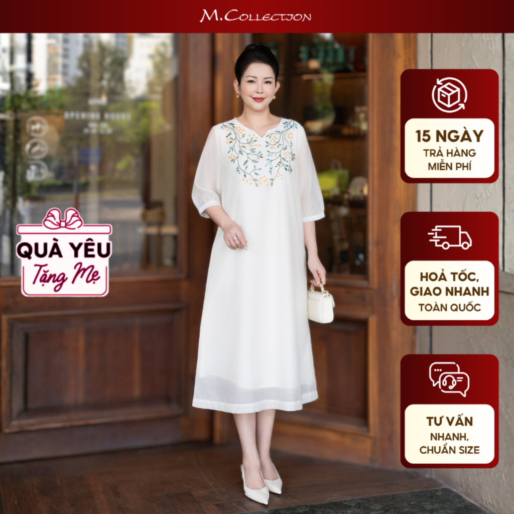 M COLLECTION | Váy Đầm Suông Nữ Trung Niên Tặng Mẹ Vải Tơ Thêu Hoa Cổ Chữ V Tay Lỡ Bo Gấu D13563 | BigBuy360 - bigbuy360.vn