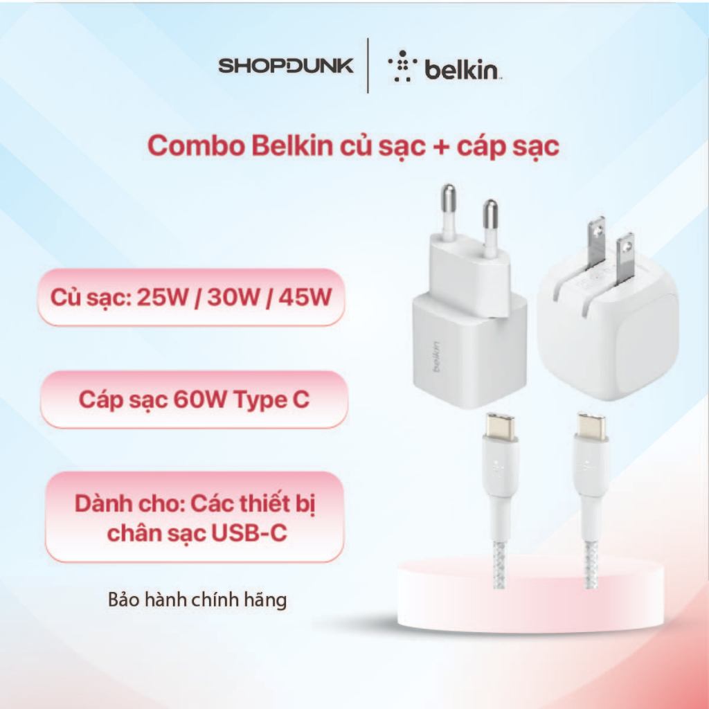 Combo sạc nhanh Belkin củ sạc 25W/30W/45W kèm cáp Type C-C vỏ dù