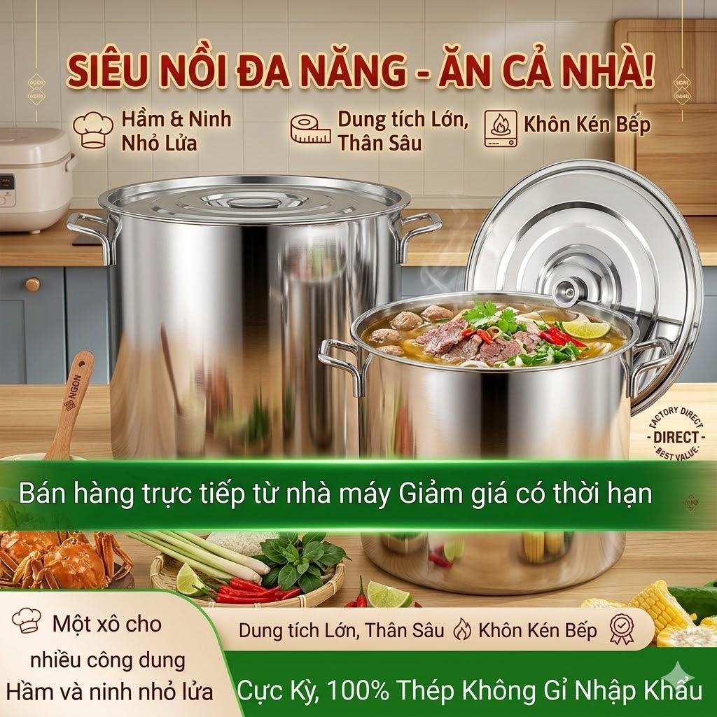Nồi Inox luộc gà, nồi inox lớn 【25cm-50cm】xô đựng súp đa chủng loại lý tưởng cho quán nhậu và bếp ăn