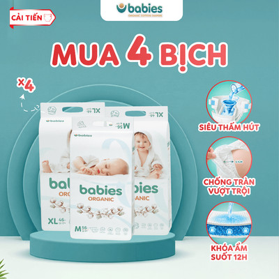 [4 BỊCH] Combo 4 Bịch Tã/Bỉm Babies Organic Mỏng Thoáng, Siêu Thấm Hút, Mềm Mịn, Có Đủ Size NB/S/M/L/XL/2XL/3XL