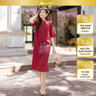 SWANLAKE | Váy Đầm Nữ Midi Sơ Mi Cài Nút Công Sở Thêu Hoa Vải Linen Thấm Hút Tay Ngắn Có Túi D11297