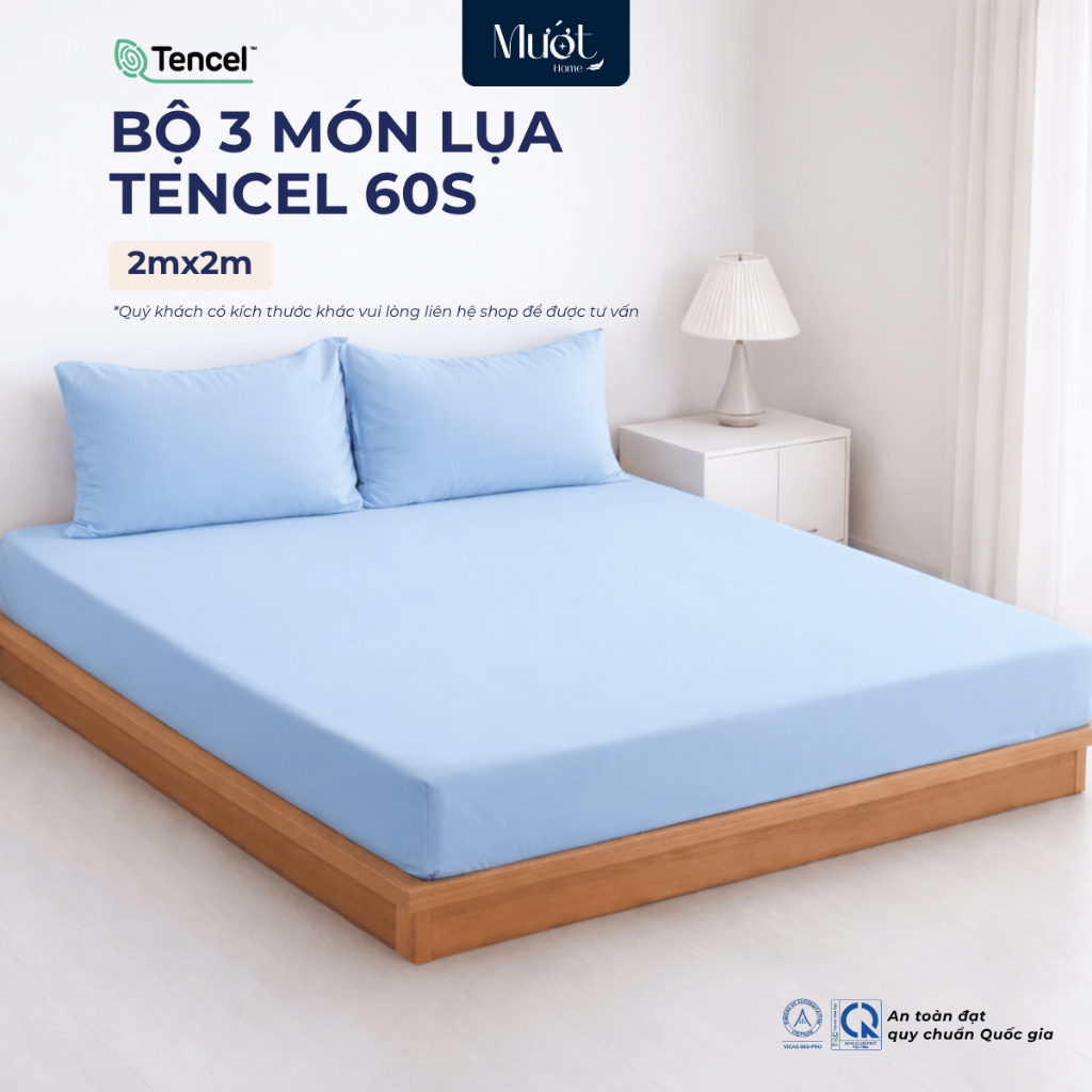 Bộ ga gối 3 món nệm kích thước 2mx2m Lụa Tencel 60s Mướt Home cao cấp, mềm, mịn, thoáng mát, 2 vỏ gố