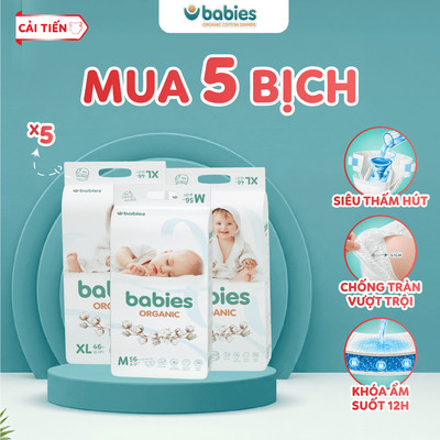 [5 Bịch] Tã Bỉm Babies Organic Mỏng Thoáng, Siêu Thấm Hút, Đầy Đủ Size NB/S/M/L/XL/2XL/3XL - Thương Hiệu Việt