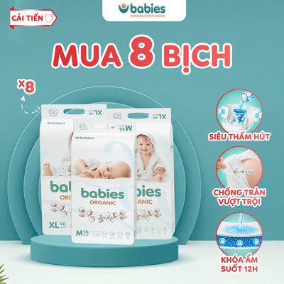 [8 BỊCH] Combo 8 Bịch Tã/Bỉm Babies Organic Mỏng Thoáng, Siêu Thấm Hút, Mềm Mịn, Có Đủ Size NB/S/M/L/XL/2XL/3XL
