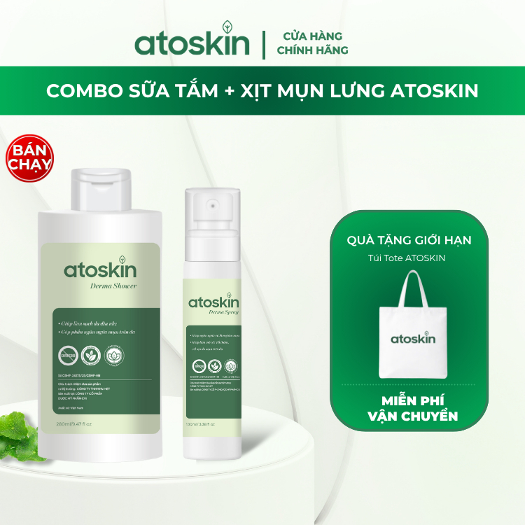 [Atoskin] Combo Sữa Tắm + Xịt Mụn Lưng – Làm Sạch Da, Giảm Mụn, Phục Hồi Da Tổn Thương