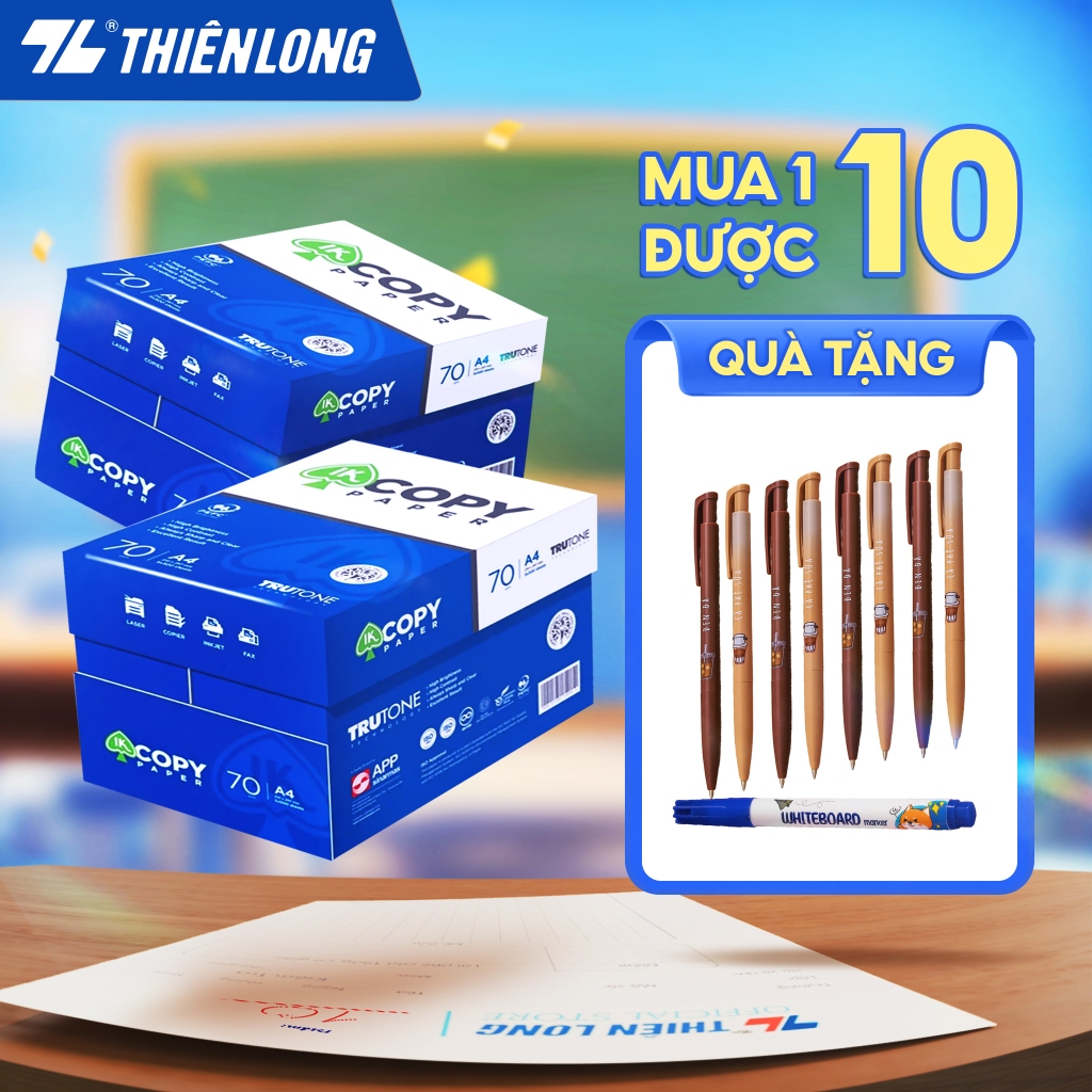 10 ream Giấy in A4 70 gsm, giấy A4 photo IK Copy Paper Thiên Long 500 tờ/ream, đều màu, độ dày cao, 