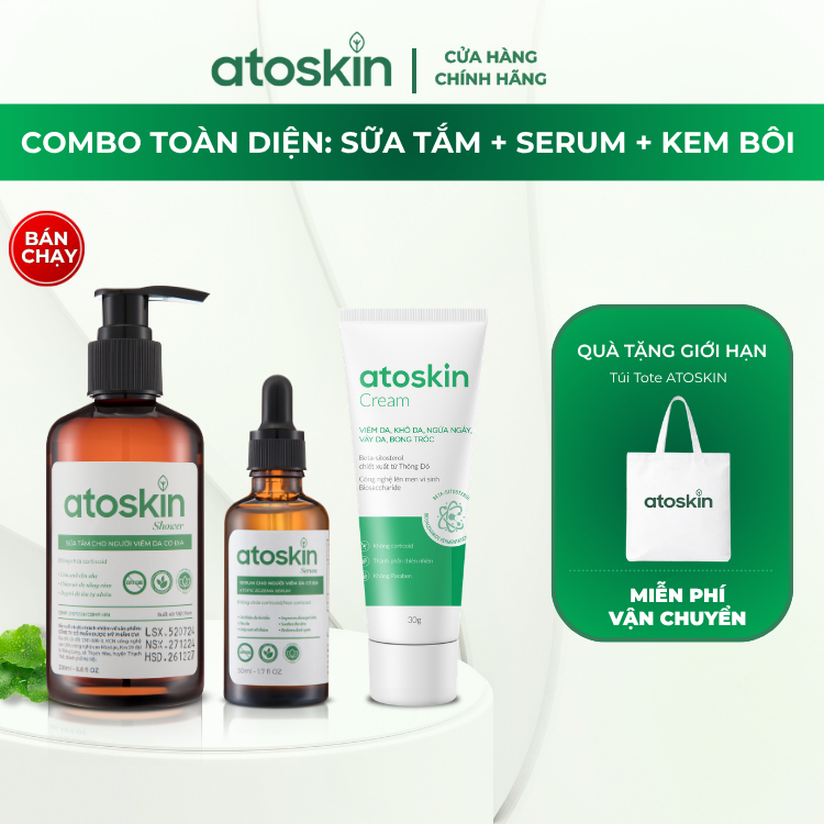 Combo Toàn Diện Kem + Serum + Sữa Tắm Atoskin - Hỗ Trợ Chăm Sóc Viêm Da Cơ Địa Chàm Ngứa, Vảy Nến