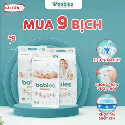 [9 Bịch] Tã Bỉm Babies Organic Mỏng Thoáng, Siêu Thấm Hút, Đầy Đủ Size NB/S/M/L/XL/2XL/3XL - Thương Hiệu Việt