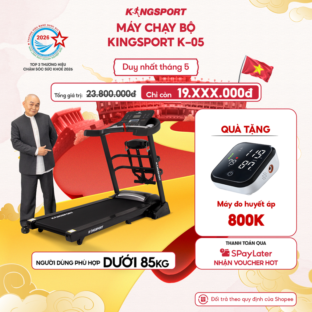 Máy chạy bộ KINGSPORT K-05 khung sườn Kingtech Titan 2.0, 12 bài luyện tập