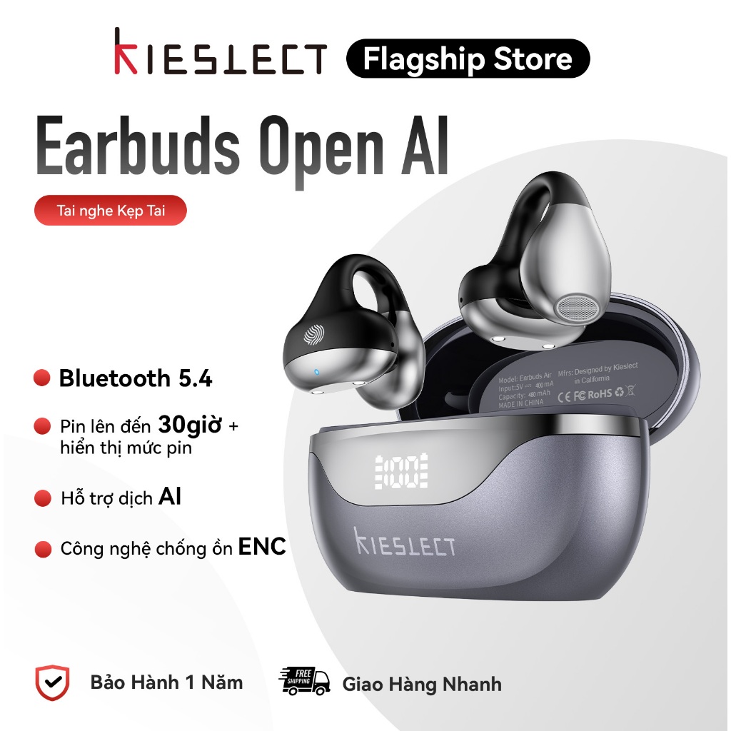 Tai Nghe Kẹp Tai Kieslect Earbuds Open AI| Chống ồn chủ động | Pin 36H | Hiển thị pin | Bluetooth 5.4 độ trễ thấp | BigBuy360 - bigbuy360.vn