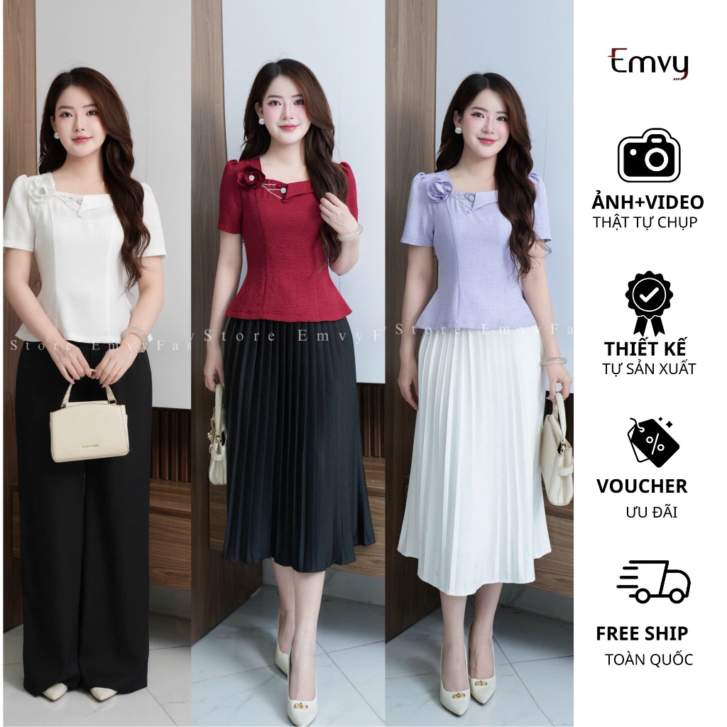ÁO Công Sở Nữ THIẾT KẾ CỔ VUÔNG PHỐI HOA Nổi sang trọng chất đũi vân mây mát Emvy Fashion - H60