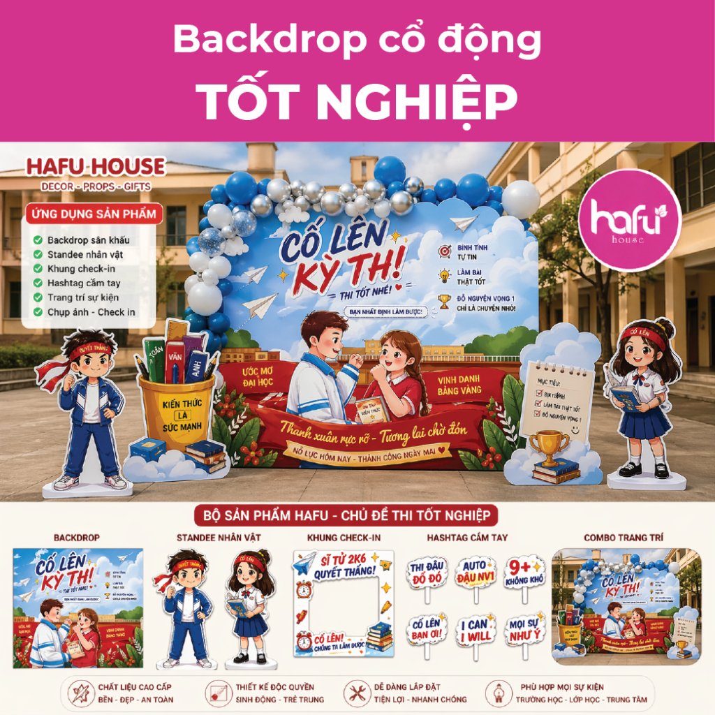 Backdrop Cổ Động Tốt Nghiệp Formex – Combo Decor Thi Tốt Nghiệp Gồm Standee, Khung Check-in, Hashtag