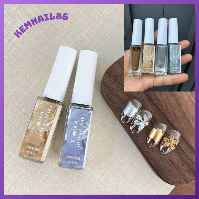 Cồn loang metan Frescobaldi nail màu gold và gray chai 6ml - cọ nét vẽ móng chuyên dụng kemnail86