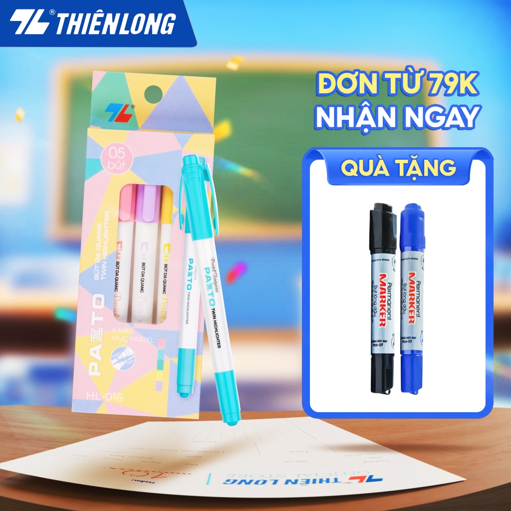Hộp 5 bút dạ quang 2 đầu màu Pastel Thiên Long Pazto HL-016 - Màu highlight rửa được - Không để lại 