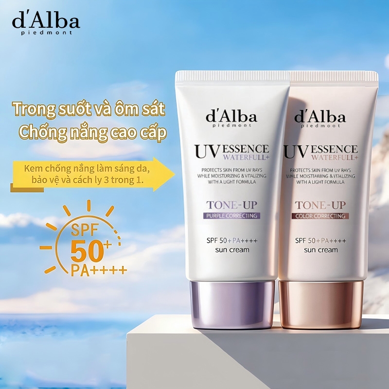 Kem chống nắng Dalba Bình Tím + Bình Hồng 50ml bộ đôi, dưỡng sáng da, cách lớp, kháng nước kháng mồ 