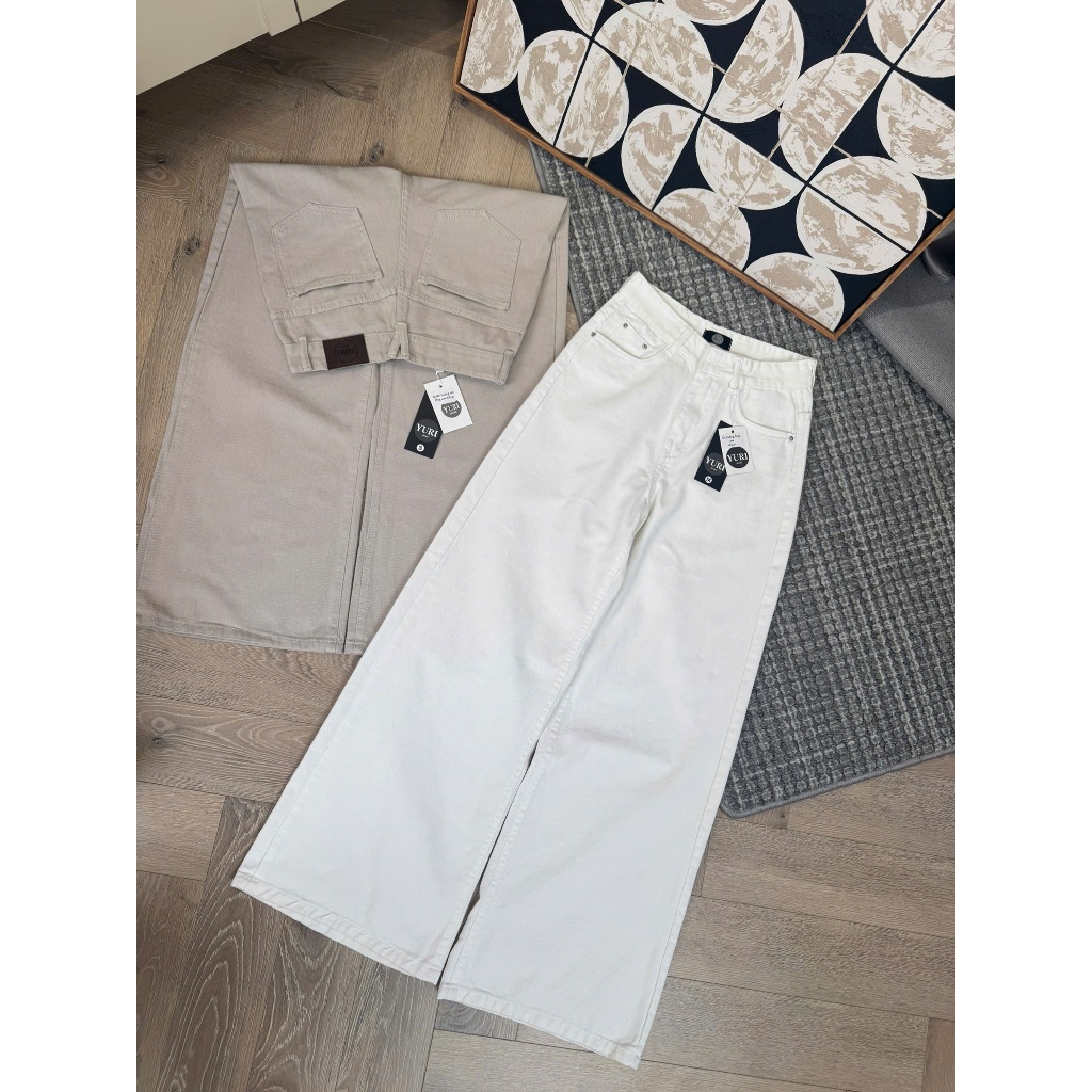 YURI JEANS - Quần Jeans Nữ Suông Ống Loe Rộng Màu Be,Trắng Basic
