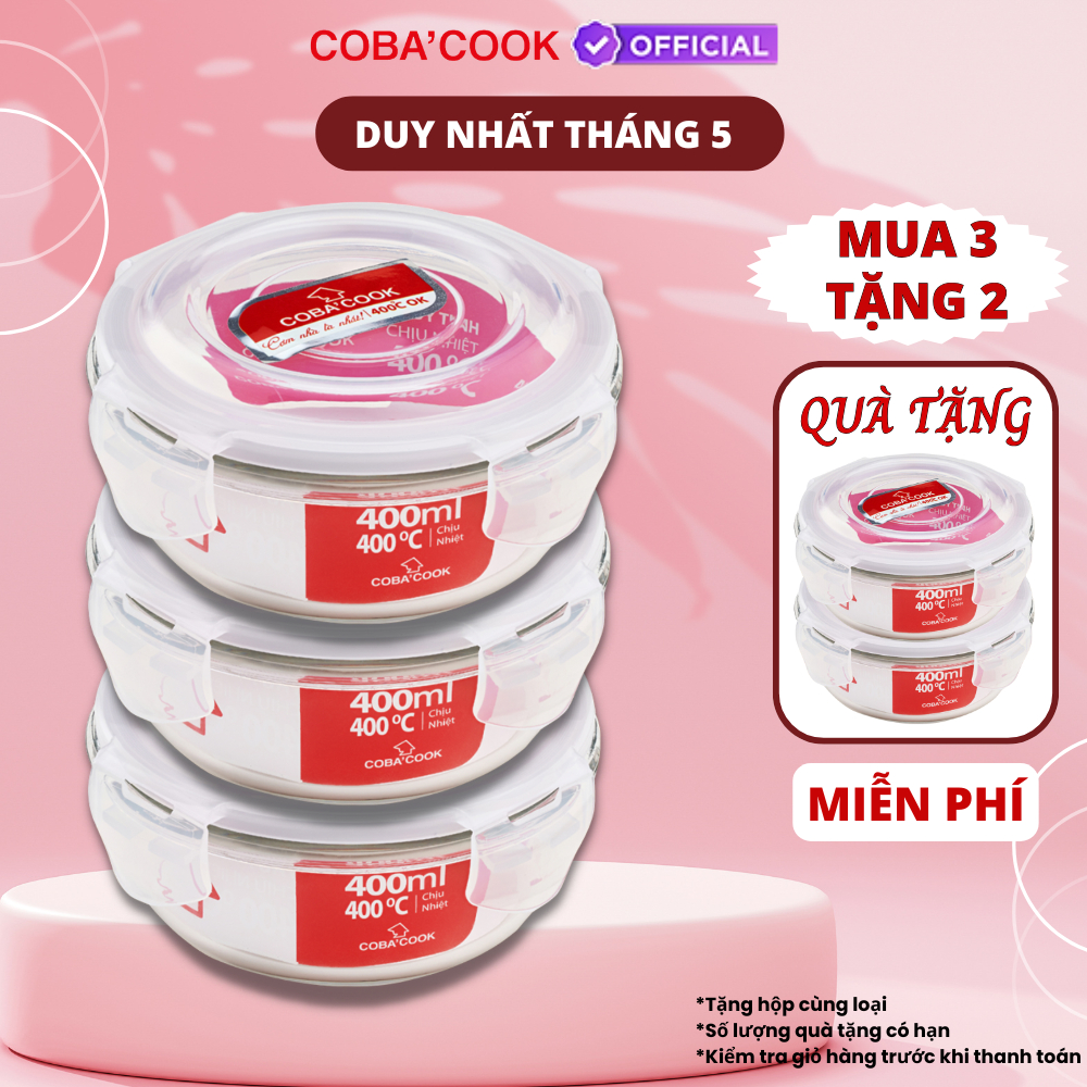 [Mua 3 Tặng 2] Bộ Hộp Bảo Quản Thức Ăn Hộp Cơm Thủy Tinh Chịu Nhiệt Tròn 400ml COBA’COOK
