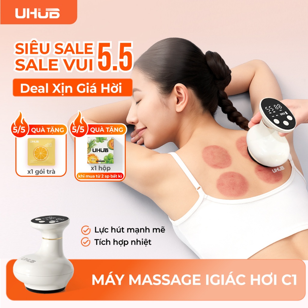 Máy mát xa cố vai gáy, giác hơi cạo gió lưng UHUB C1, kèm nhiệt, lực hút lớn, giảm đau nhức, mệt mỏi, quà tặng