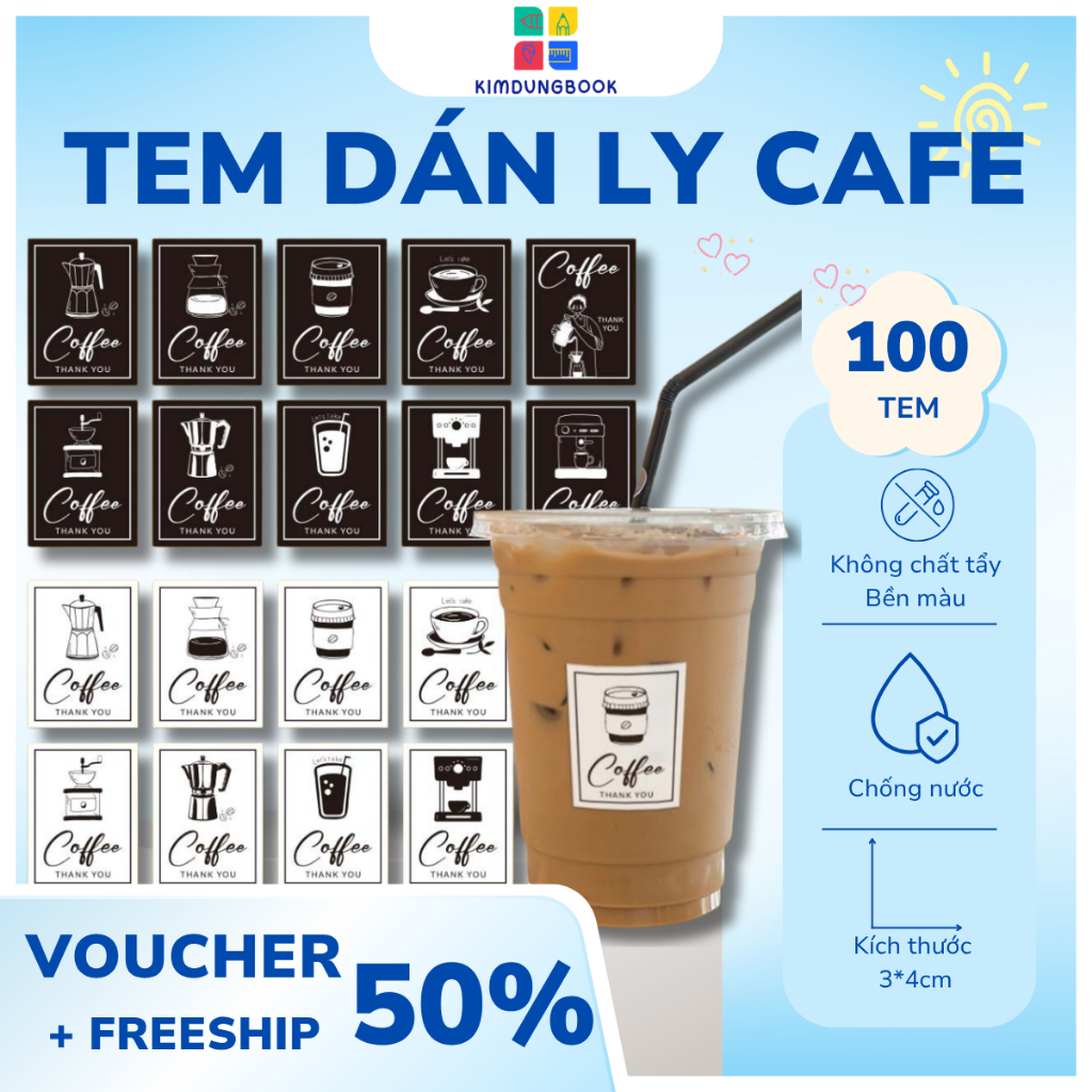 Tem dán niêm phong - Tem dán ly cafe hình chữ nhật trang trí nhãn cảm ơn đen trắng