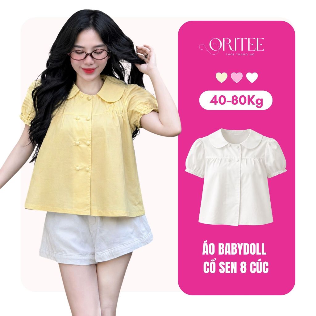 Áo babydoll 8 cúc tay bồng cổ sen có BIGSIZE, Áo kiểu babydoll dễ thương mùa hè Oritee