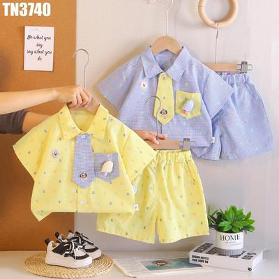 Set Áo Sơ Mi Họa Tiết Hoa Cà Vạt Quần Đùi Túi Hộp Cho Bé Trai 1-5 Tuổi MINTSCLOSET Quảng Châu TN3719