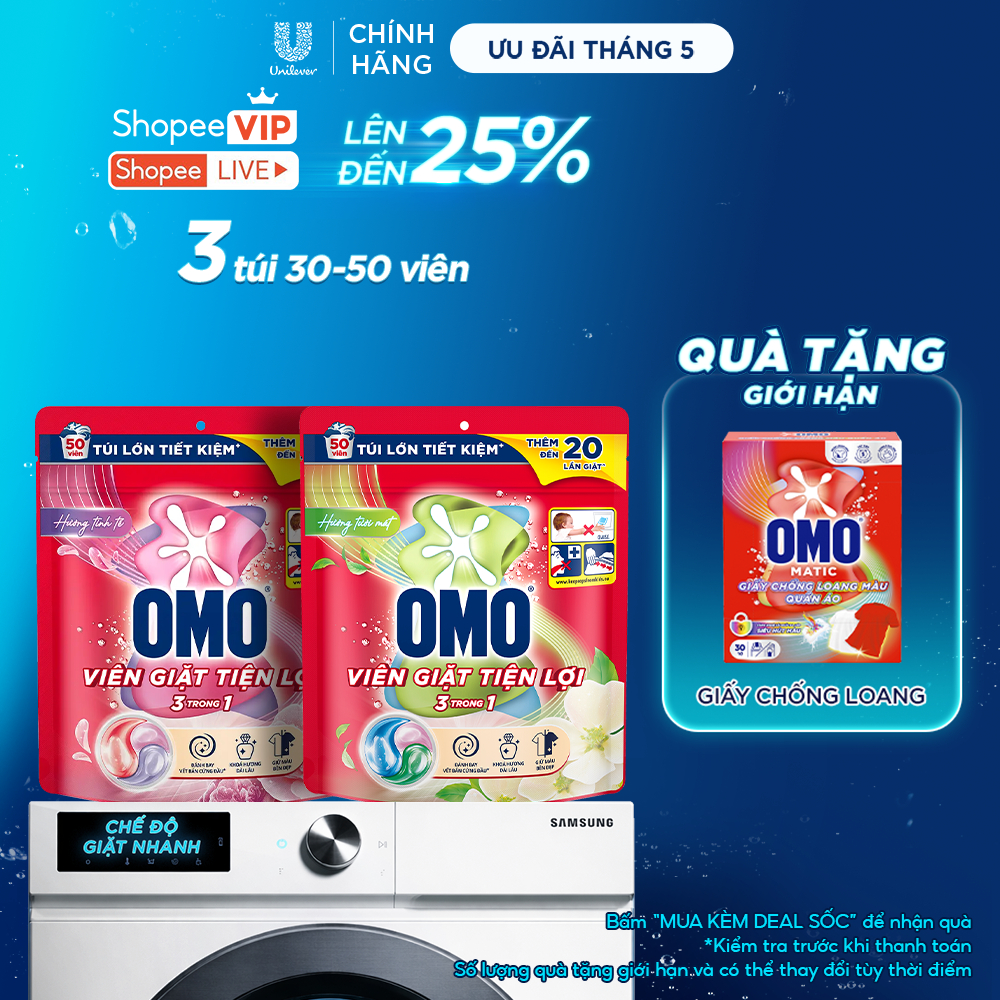 Combo 3 túi viên giặt tiện lợi OMO 3 trong 1 (30 viên/50 viên)