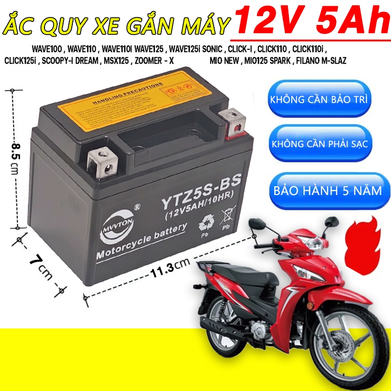 Bình ắc quy 12V 5Ah dùng cho xe máy Winner, Ab, Vision, Lead, PCX, Vario, SH - Siêu bền