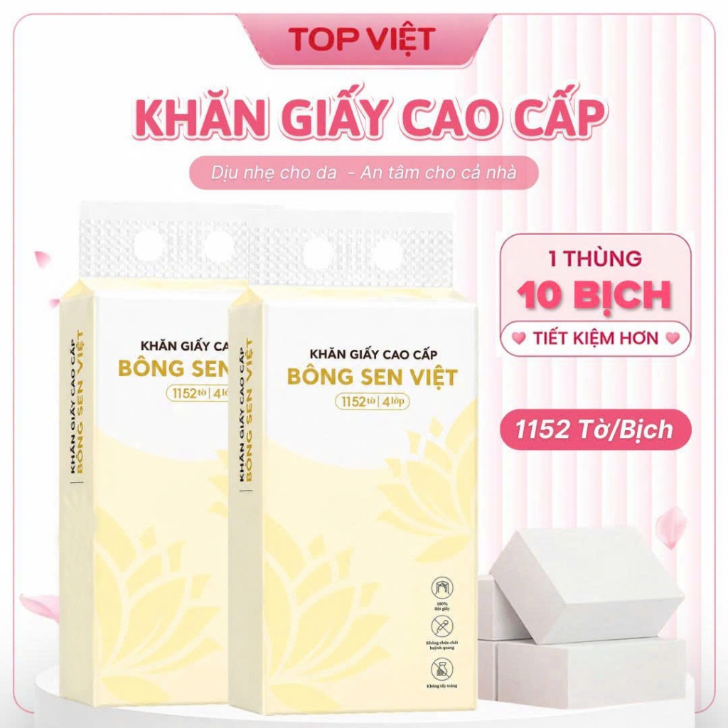 Thùng 10 bịch Khăn Giấy Rút Treo Tường Bông Sen Việt 1252 Tờ, Tặng Kèm 4 Móc Treo Tường