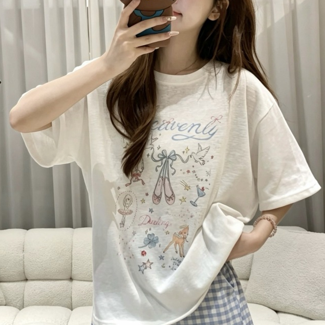 hàn quốc erume chữ cái động vật in cổ tròn gai bông tay ngắn t-shirt người phụ nữ mùa hè thủy triều