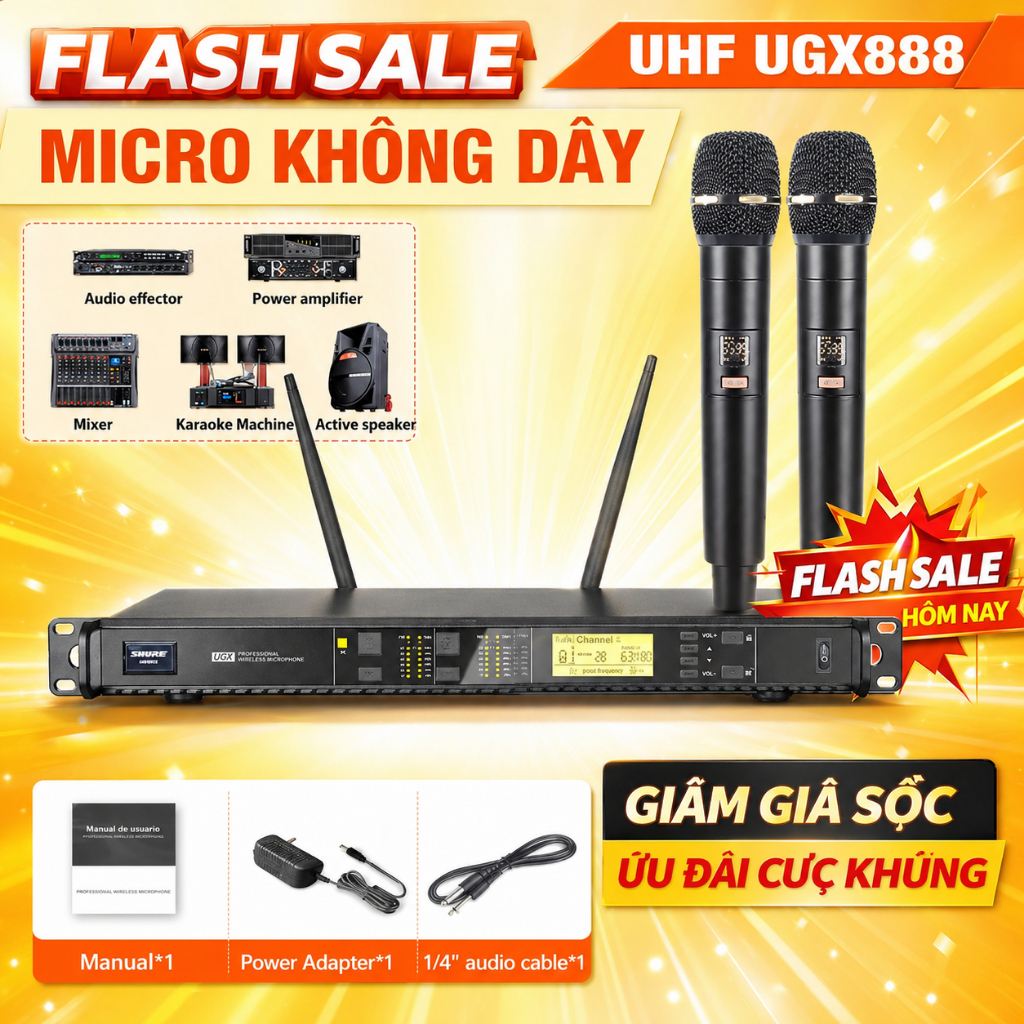 Micro Không Dây SHURE UGX888 ,2 Anten, Có Lọc Âm, Lọc nhiễu, Nâng tâng giọng yếu ,Màn hình Hiển Thị 